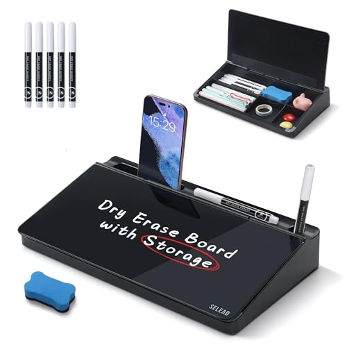 SELEAD Desktop Glass Whiteboard with Storage, Small Dry Erase White Board Computer Pad Keyboard Stand for Home, School, Office Desk Accessories - Black - color: Black
