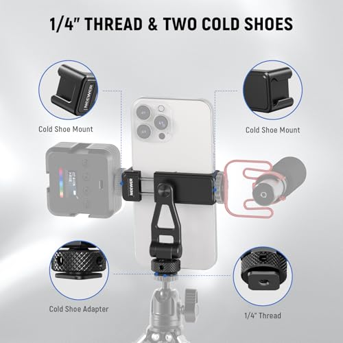 NEEWER Adjustable Phone Tripod Mount with Cold Shoe 1/4" Thread 180° Tilt 360° Rotation Cleaning Cloth Phone Clamp Holder Compatible with iPhone Samsung Android Camera Cage for Video Recording, GA010 - style: GA010 w/Cleaning Cloth