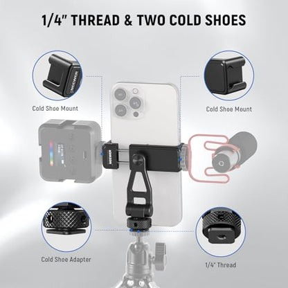 NEEWER Adjustable Phone Tripod Mount with Cold Shoe 1/4" Thread 180° Tilt 360° Rotation Cleaning Cloth Phone Clamp Holder Compatible with iPhone Samsung Android Camera Cage for Video Recording, GA010 - style: GA010 w/Cleaning Cloth