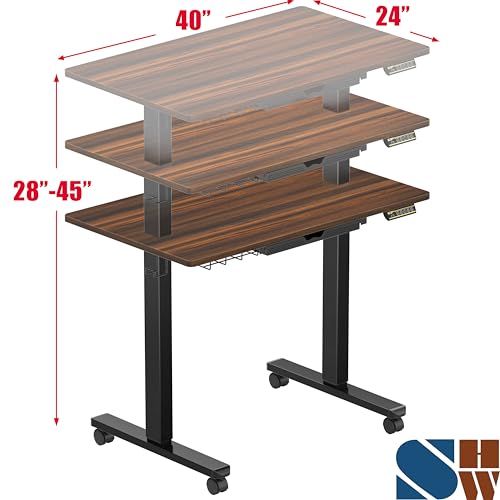 SHW 40-Inch Mobile Electric Height Adjustable Sit to Stand Desk with Drawer, Hanging Hooks and Cable Management, Walnut - color: Walnut