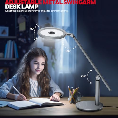 Honeywell Desk Lamp for Home Office, H6 Sunturalux™ Eye-Caring Led Desk Light, 800LM Dimmable Desk Lamp with Timer, Touch Control Tall Desk Reading Light, Table Lamp for Circle Webcam, Study, Bedroom - color: Gray