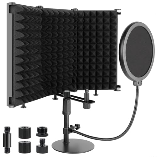 Microphone Isolation Shield, 3 Panels Sound Proof Mic Shield with Mic Stand and Pop Filter, High Density Absorbent Foam Mic Isolation Shield for Recording