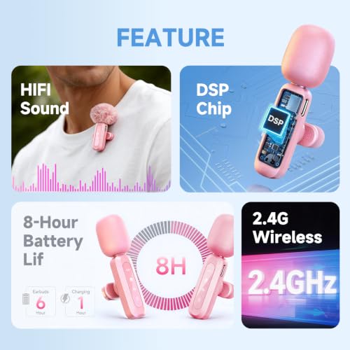 tongyu J3 Lavalier Microphone Wireless Mini Mic for iPhone Android/Tablet/PC Video Recording Clip-on Mics with DSP Noise Cancellation, Ideal for Vlog Tiktok YouTube Content Creator-Pink
