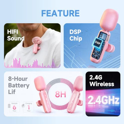 tongyu J3 Lavalier Microphone Wireless Mini Mic for iPhone Android/Tablet/PC Video Recording Clip-on Mics with DSP Noise Cancellation, Ideal for Vlog Tiktok YouTube Content Creator-Pink
