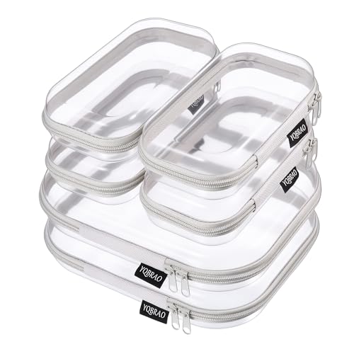 6 Pack Gray Clear Hard Shell Beauty Organizer (2M+4S), 1.2mm Heavy Duty Crush-Proof Cosmetic Case, Reinforced YKK Zippers, Stadium Approved Security Bag for Skincare & Electronics, Multi-Size Set - color: Grey, size: 6 Pack (2M+4S)