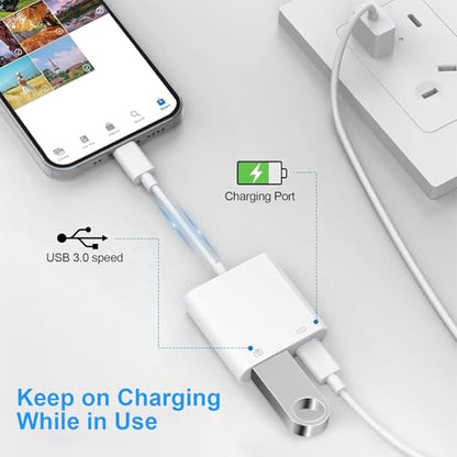 Lightning to USB Camera Adapter, [Apple MFi Certified] USB 3.0 Female to iPhone iPad Adapter with Charging Port, Plug and Play OTG Converter Cable Support Card Reader Flash Drives Keyboard - color: Pure White(Charge)