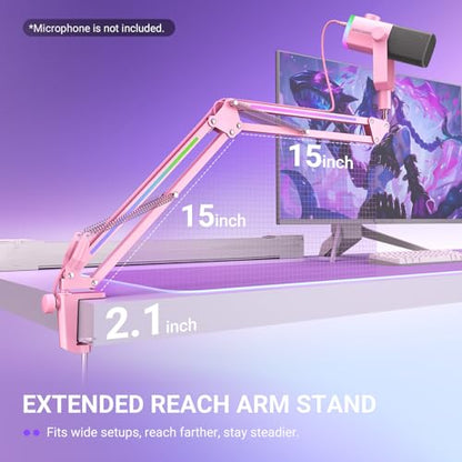 FIFINE Microphone Boom Arm, Metal Adjustable Mic Arm Stand with RGB Button, 3/8” to 5/8” Screw Adapter, Desk Mount Clamp, Suspension Scissor Mic Stand for Gaming Streaming Podcast-AmpliGame BM38P - color: Pink