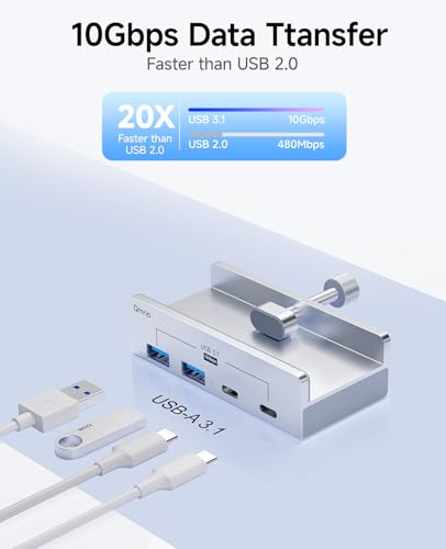 USB Hub 3.1, 10Gbps Clamp USB Hub with 2 USB-A Data Ports, 2 USB-C Port with Extra Power Supply Port (Silver) - color: Silver