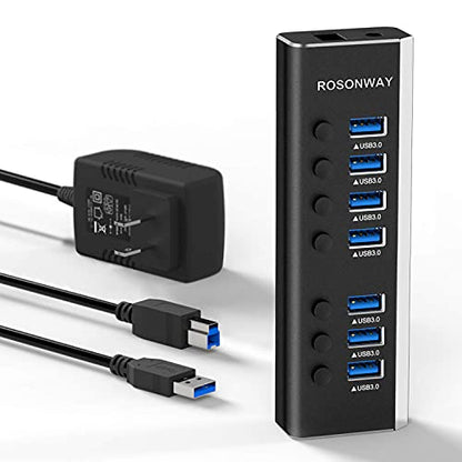 USB Hub 3.0 Powered Rosonway Aluminum 7 Ports USB 3.0 Data Hub Splitter with 24W (12V/2A) Power Adapter and Individual On/Off Switches USB Port Expander for PC and Laptop (RSH-A37S) - size: 7-Port Powered USB 3.0 Hub