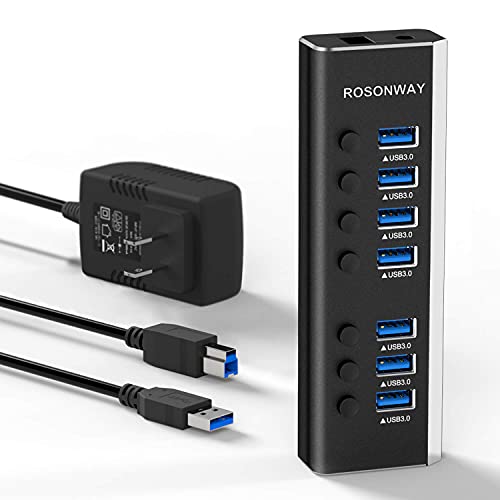 USB Hub 3.0 Powered Rosonway Aluminum 7 Ports USB 3.0 Data Hub Splitter with 24W (12V/2A) Power Adapter and Individual On/Off Switches USB Port Expander for PC and Laptop (RSH-A37S) - size: 7-Port Powered USB 3.0 Hub