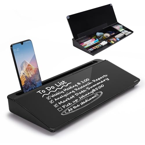 TSJ OFFICE Desktop Whiteboard Dry-Erase-Board - Computer Keyboard Stand White Board Surface Pad with Drawer, Desk Organizers with Accessories for Office, Home, School Supplies - Complete Black - color: Black Base/Glass