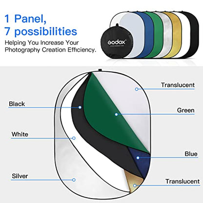Godox 39x59”/100x150cm Chromakey Green Blue Screen Backdrop, 7-in-1 Portable Collapsible Oval Background Reflector with Holder Clip & Bag for Studio Shooting