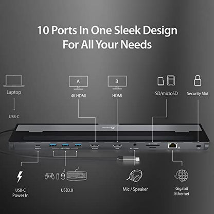 j5create USB-C Dual HDMI Docking Station (10-in-1), 4K + 1080p Dual HDMI Display, 5Gbps USB-A x3, SD Card Reader, PD 100W, RJ45 Ethernet, Combo Audio Jack, for MacBook and Windows Laptop (JCD542)