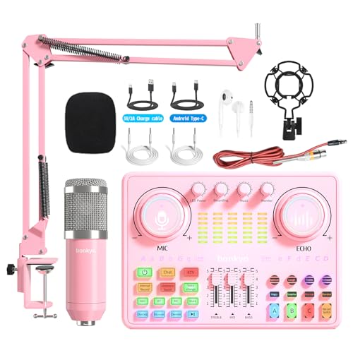 Podcast Equipment Bundle: Audio Interface & DJ20 Mixer with XLR Mic, Voice Changer, 2400mAh Battery for Podcasting, TikTok Live Streaming, and Gaming (Pink)