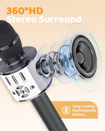 Amazmic Kids Karaoke Microphone Machine Toy Bluetooth Microphone Portable Wireless Karaoke Machine Handheld with LED Lights, Gift for Children Adults Birthday Party, Home KTV(Gray) - color: Gray