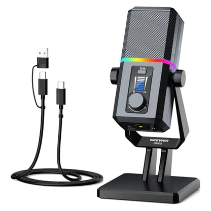 NEEWER UM02 RGB USB Microphone for Gaming Streaming Podcast, Cardioid Condenser Noise Cancellation Desk Mic for Headphone Monitoring Compatible with iPhone iPad Mac PC Android PS5/PS4 Pro/PS4
