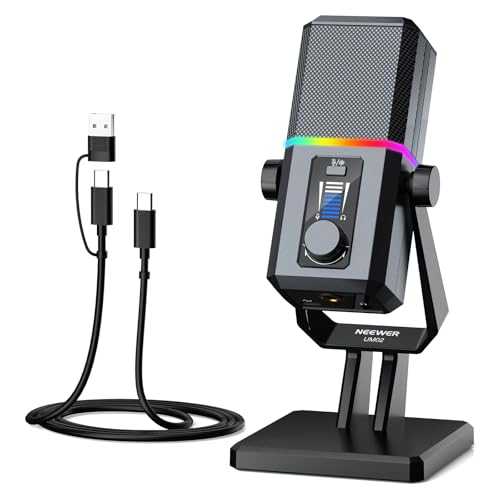 NEEWER UM02 RGB USB Microphone for Gaming Streaming Podcast, Cardioid Condenser Noise Cancellation Desk Mic for Headphone Monitoring Compatible with iPhone iPad Mac PC Android PS5/PS4 Pro/PS4