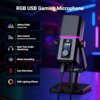 NEEWER UM02 RGB USB Microphone for Gaming Streaming Podcast, Cardioid Condenser Noise Cancellation Desk Mic for Headphone Monitoring Compatible with iPhone iPad Mac PC Android PS5/PS4 Pro/PS4