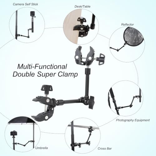PellKing Magic Arm Clamp Kit, Camera Mount Articulating Friction Arm w 2 Pcs Super Clamp, w 1/4"-20 Screw and Thread Hole, for Camera, Light, Monitor, Webcam or Action Camera 2kg, for Table, Tube