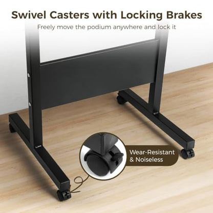 Mobile Podium, Adjustable Standing Desk with Caster Wheels, Adjustable Height 360° Swivel Desktop, Versatile Podium Laptop Desk Stand Up Desk Easel Presentation Lectern (Black) - color: Black