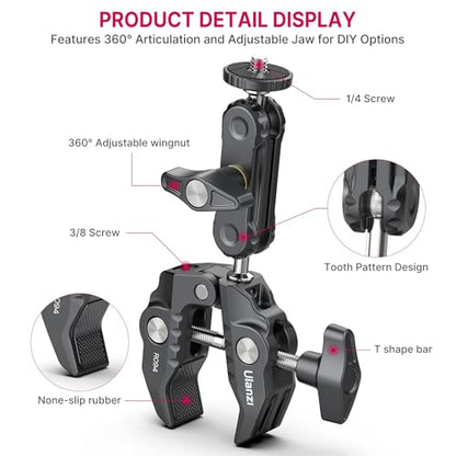 ULANZI Super Clamp Camera Clamp Mount Monitor 360° Ballhead Magic Arm Double Ball Head Adapter with 1/4"-20 & 3/8"-16 Thread for Canon Nikon DSLR Camera/Gopro/LED Lights/Ronin-M/Ronin MX/Freefly MOVI - size: Gopro Adapter Kit