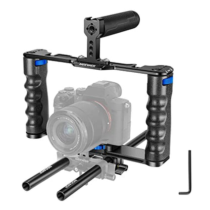 NEEWER Aluminum Alloy Camera Cage, Filmmaking Rig with Top Handle, Dual Grips & Arca Type Base, Compatible with Sony A7S III A7IV A6600 Canon EOS R5C R5 R6 DSLR/Mirrorless Cameras - VS107, Blue - style: VS107 Blue