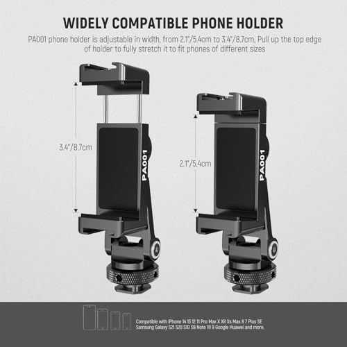 NEEWER Metal Phone Tripod Mount Adapter with Cold Shoe Base, 360° Phone Holder with 2 Cold Shoe Mount for Video Light and Mic for Vlogging, Universal Compatible with iPhone Samsung Huawei, PA001 - style: PA001