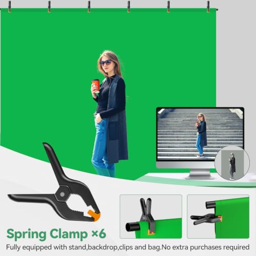 EMART Green Screen Backdrop Kit, 8.5x8.5ft Large Green Screen Backdrop with 8.8x7.5FT Reverse Folding T-Shape Tripod Stand, Spliced Crossbar Plate & 6 Clamps for Studio Shooting, Live Stream