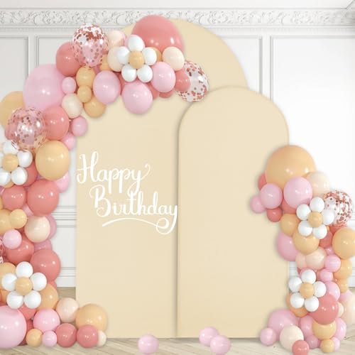 WEERRW Beige Arch Backdrop Cover Set of 2 Spandex Fitted Round Top Chiara Backdrop Stand Stretchy Wedding Covering for Event Birthday Party Banquet Decoration (6FT, 7.2FT) - color: Beige, size: 6FT, 7.2FT