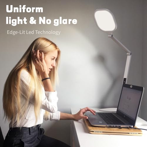 LitONES LED Desk Lamp for Home Office, Professional Eye-Caring Diffused Desk Light, 3 Color 10 Brightness Computer Light, Dimmable Office Lamp with Memory & Timer Func, Metal Swing Arm Table Lamp - color: White