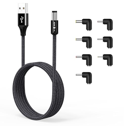AGVEE 10ft USB to DC 5V Power Cord 5521(5.5x2.1mm) | Braided & Aluminum Shell, 6pcs DC Adapter Tips, Fast & Durable Charger Charging Cable for CCTV Cameras, Routers, LED Strips, - color: Black, size: 10ft+Adapter Tips