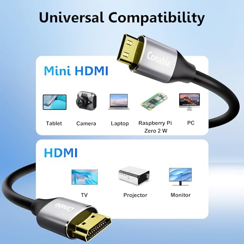 HDMI to Mini HDMI Cable 8 FT, High Speed HDMI to Mini HDMI Cable, Bi-Directional 2.0 Cord, 4K@60Hz, Compatible with Camera, Camcorder, Tablet and Graphics Card, Laptop, Raspberry Pi Zero W, Projector - size: 8FT