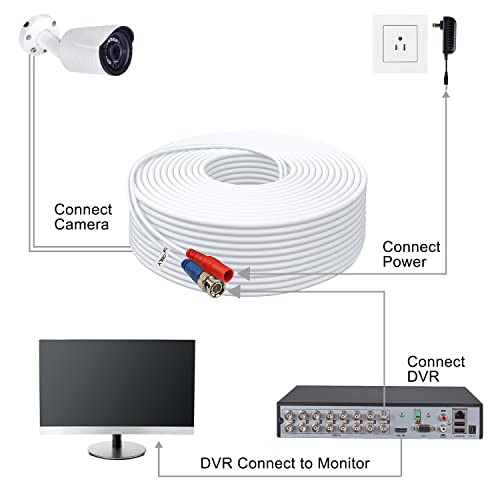 BNC Cable 25ft 4 Pack BNC Video Power Cable,Security Camera Cable for CCTV Camera DVR Security Systems(Included 8X BNC Adapters,100 Pcs Cable Clips)-White - size: 25 FT