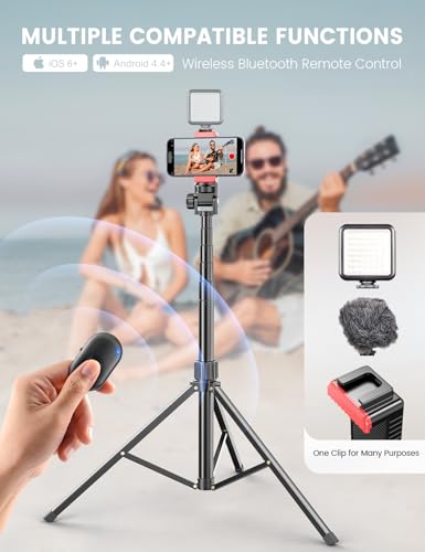 Pnitri 71'' Phone Tripod Stand, Extendable Reinforced Aluminum Phone Stand with Wireless Remote, Stable Cellphone Tripod (210cm-Black) - style: 86'' Black
