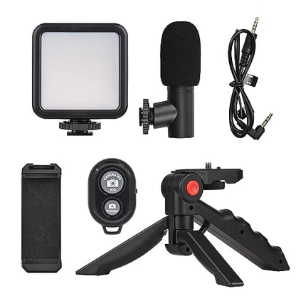 Mini Smartphone Vlog Kit with LED Video Light, Cardioid Microphone, Extendable Phone Clip, Adjustable Brightness Tripod for Live Streaming, Vlogging, Video Conferencing & Selfies