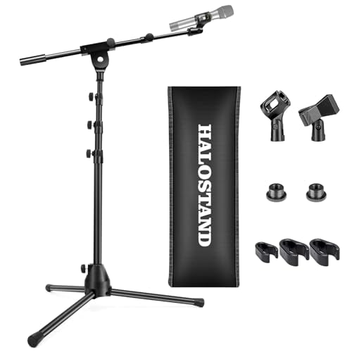 Microphone Stand Floor Foldable Mic Stand Heavy Duty Tripod Boom Arm with 2 Screws Adapter 2 Mic Clips 2 Foam Covers and Carrying Bag for Singing Karaoke Stage HLS02 - size: Heavy Duty + Aluminium Base