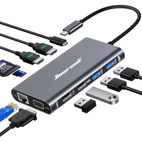 Hiearcool USB-C Docking Station for Laptop, Triple Display Dock with 4K HDMI & 1080p VGA, 11-in-1 USB-C Dock with Ethernet, 100W Charging for Home Office - color: Space Grey