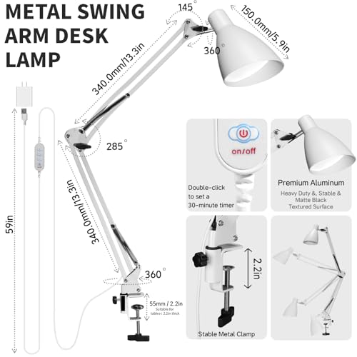 Swing Arm Desk Lamp with Clamp, Adjustable Arm LED Clamp on Desk Lamps with 5 Color Modes and 10 Brightness for Home Office Reading Drafting Study (White) - color: White