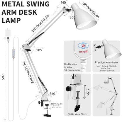 Swing Arm Desk Lamp with Clamp, Adjustable Arm LED Clamp on Desk Lamps with 5 Color Modes and 10 Brightness for Home Office Reading Drafting Study (White) - color: White