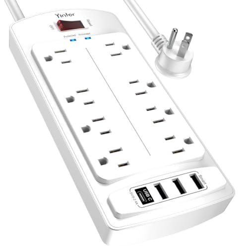 Surge Protector Power Strip, Yintar 6 Feet Flat Plug Extension Cord with 8 AC Outlets and 4 USB Ports, 2700 Joules, ETL Listed, White - color: White(8 Outlets), size: 6 Ft