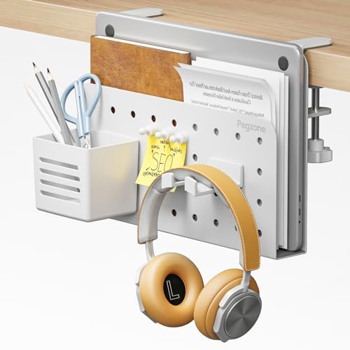 PEGZONE Desk Side Storage Organizer, No Drill Under Desk Laptop Holder, Clamp on Desks Shelf with Pegboard Accessories, Hanging Laptop Mount, Fits Flat Edge 0.4" to 2.2", White - color: White