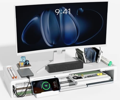 OImatser Monitor Stand Riser with USB 3.0 Hub & Type-C Port, Foldable Adjustable Computer Stand with Storage Drawer, Pen Slot & Phone Holder, Space Saving Laptop Stand for Home Office Desk Organization (White-3.0 HUB-Adapter) - color: White-3.0 HUB-Adapte