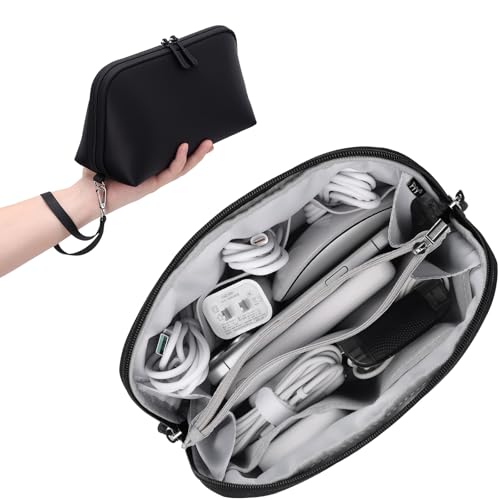 FYY Travel Cable Organizer - 8 Compartments, Lightweight, Water Repellent | With Wrist Strap, Portable Tech Pouch for Cord Charger, Travel and Business Trips Use, Soft Shell Nylon, Black (Large) - color: Black, size: (L) 9.6"× 5.5"× 3.7"