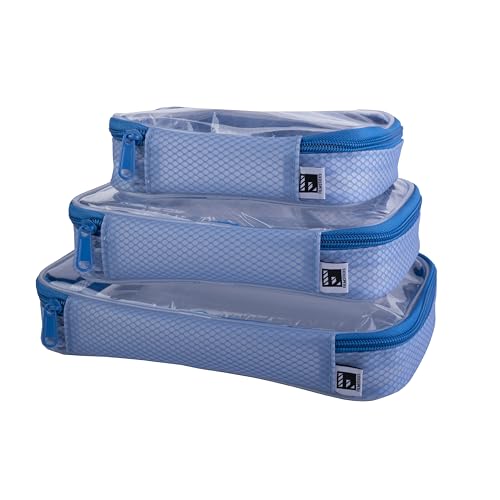 Filmsticks Set of 3 Transparent TPU Storage Cases, Blue, Small Medium Large, 170 x 50 x 135 mm to 250 x 50 x 160 mm, Clear Zip Organisers for Camera Gear, Cables, Tools and Accessories