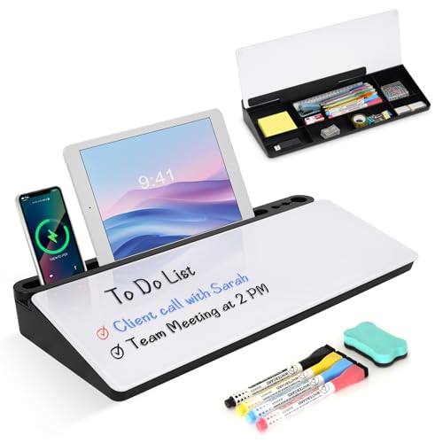 Desktop Glass Whiteboard with Storage, Desk White Board with Computer Keyboard Stand, White Dry Erase Board with Drawers for Home, School, Office Desk Organizers and Accessories - color: Organizer-black White