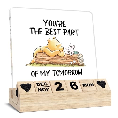 Winnie Decorations Gifts, Pooh Wooden Block Calendar for Desk | You're The Best Part of My Tomorrow Desk Decor, Pooh Stuff Plaque - color: Black - Script