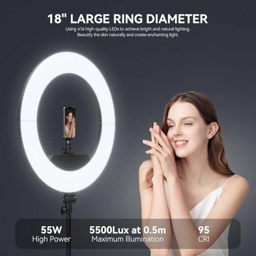 18 Inch Ring Light Kit, 55W6700k Dimmable LED Light, Tripod Stand, Remote Controller,Box,CRI95,Black - color: black