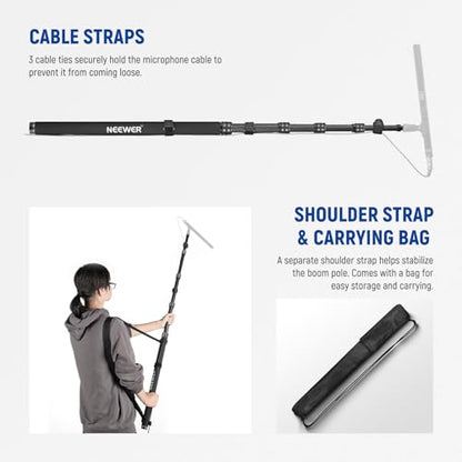 NEEWER Upgraded Microphone Boom Pole, 9.8ft/300cm Telescopic Carbon Fiber Mic Boom Arm with 5 Sections, 1/4" 3/8" 5/8" Screw Adapters, Cable Straps, Shoulder Strap & Storage Bag, MS-300CB (Black) - style: MS-300CB
