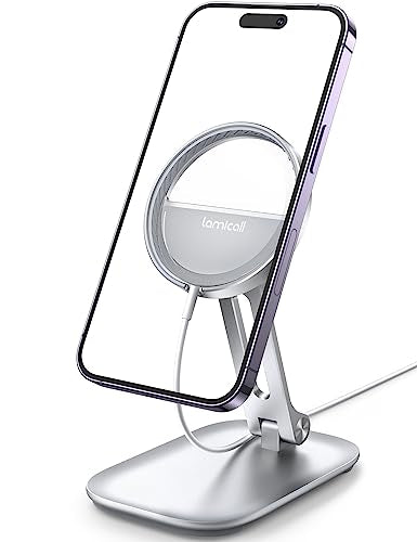 Lamicall Phone Stand for Apple 15W MagSafe Charger - Dual Hinge Collapsible Adjustable Charging Holder Dock for Desk Nightstand, Fit for Airpods, iPhone 17/16/15/14 Series[Only Stand] - color: Light Silver - Stand for 15W Old Charger