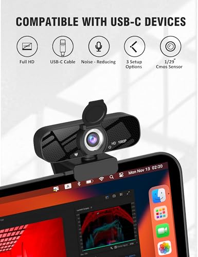 1080P HD Webcam with Built-in Microphone, Rotatable Tripod, Wide-Angle Lens,Privacy Cover, Auto Light Correction, Plug & Play USB-A Webcam for Laptop, Desktop, PC, Streaming-Black-1